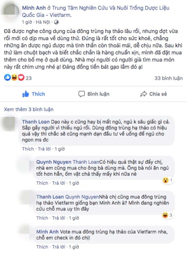 Một người dùng facebook tên Minh Anh để lại review sau khi dùng đông trùng hạ thảo Vietfarm trên trang cá nhân để chia sẻ với bạn bè