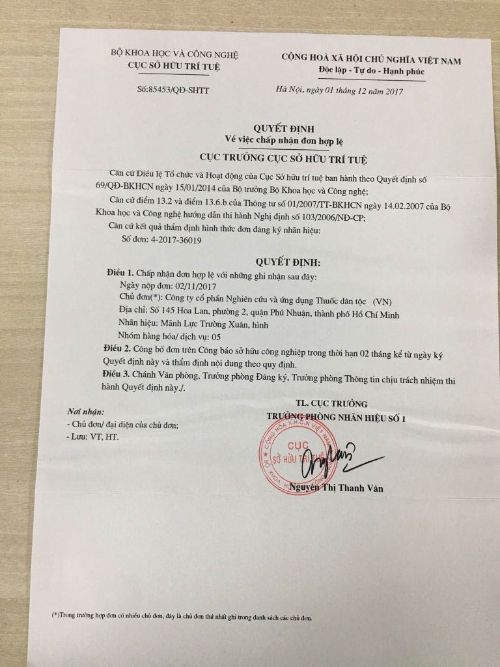 Chứng nhận sở hữu trí tuệ của Mãnh lực trường xuân