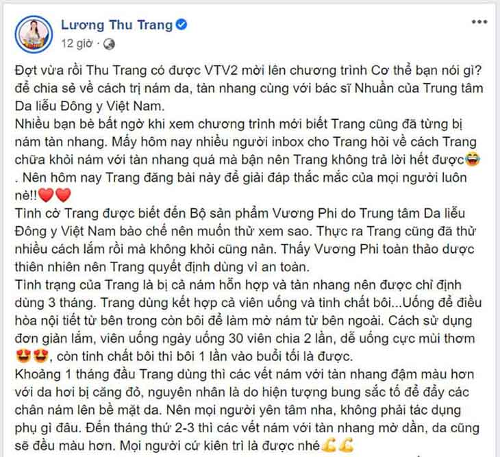 Phản hồi tích cực của Lương Thu Trang sau khi điều trị nám, tàn nhang với Vương Phi